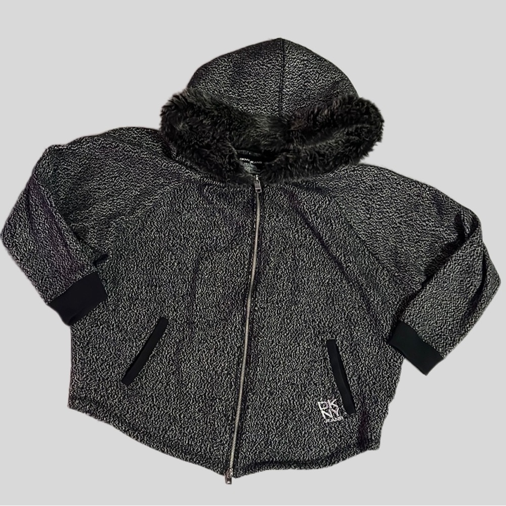 DKNY Jeans Full Zip Heathered Hoodie Jacket Faux Fur Hood Women’s size Medium